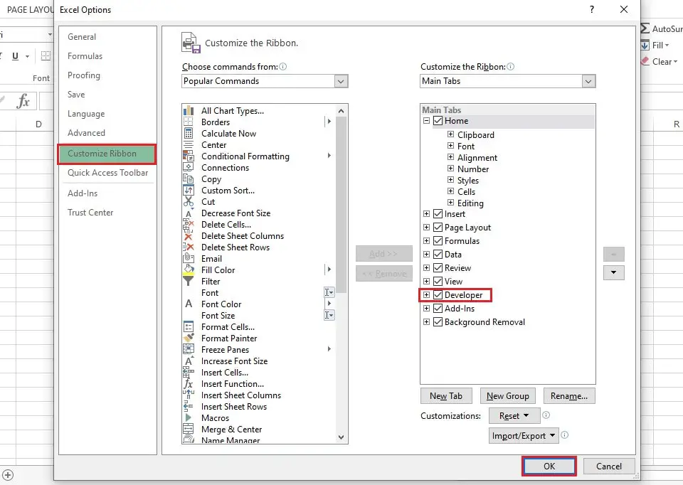 customize ribbon to add developer tab in excel