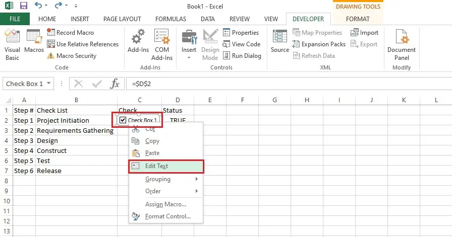 edit or change text of checkbox in excel