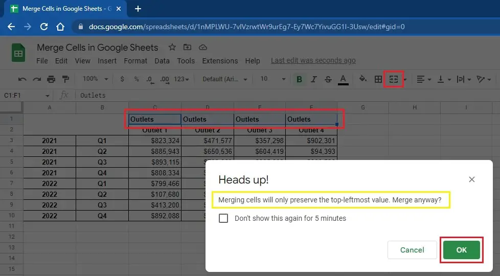 How to Merge Cells Horizontally/Columns in Google Sheets 1