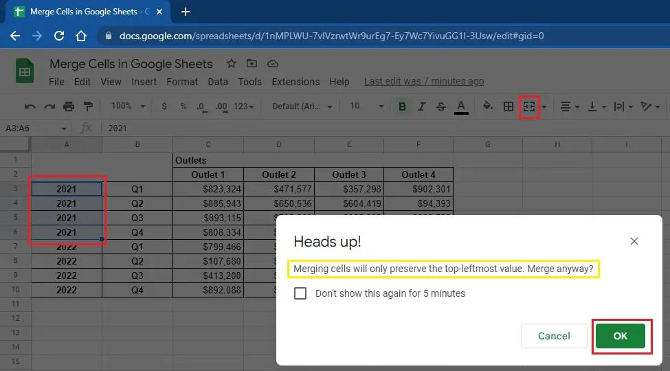 How to Merge Cells Vertically/Rows in Google Sheets 1