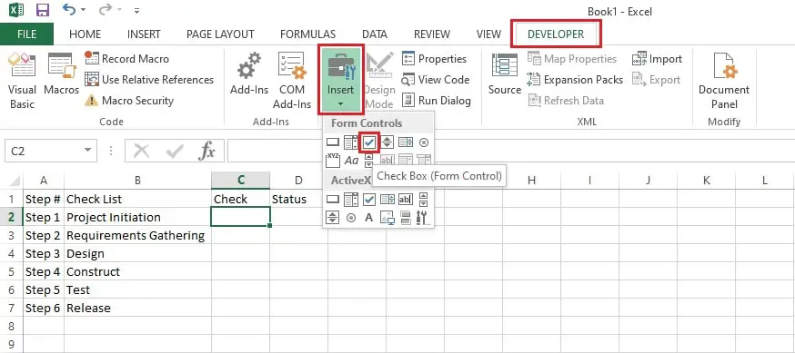 insert checkbox form control in excel