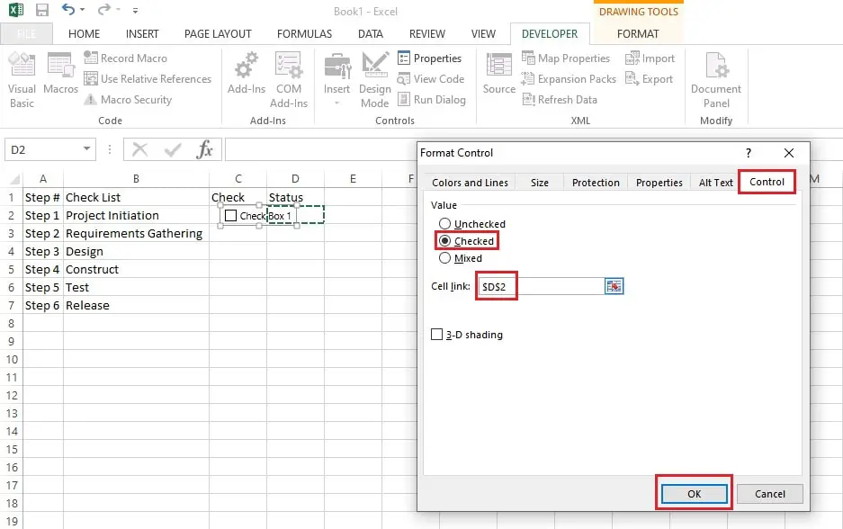 link checkbox to cell in excel