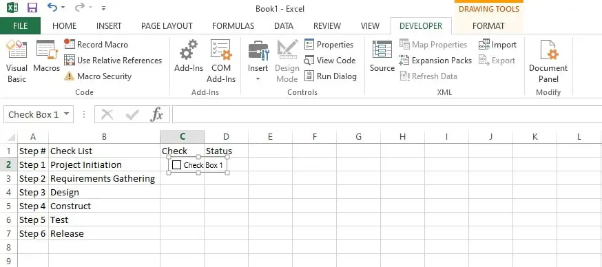place checkbox in excel