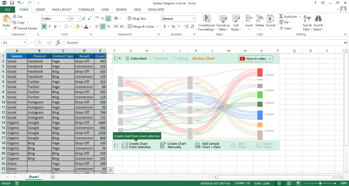 Select Data to Create Sankey Chart in Excel