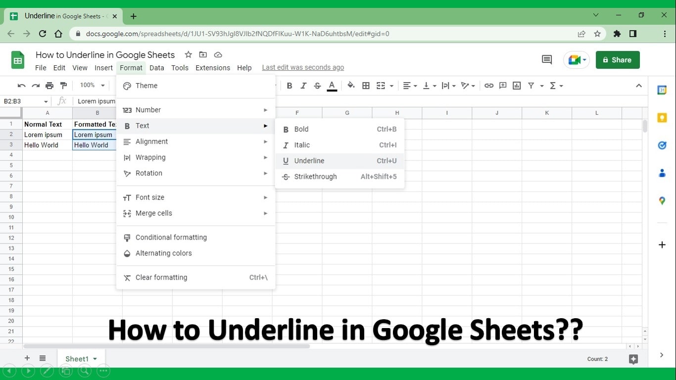how to underline in google sheets