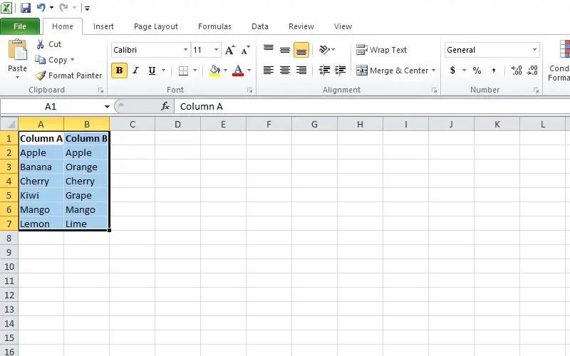 select the cells in two columns to compare in excel