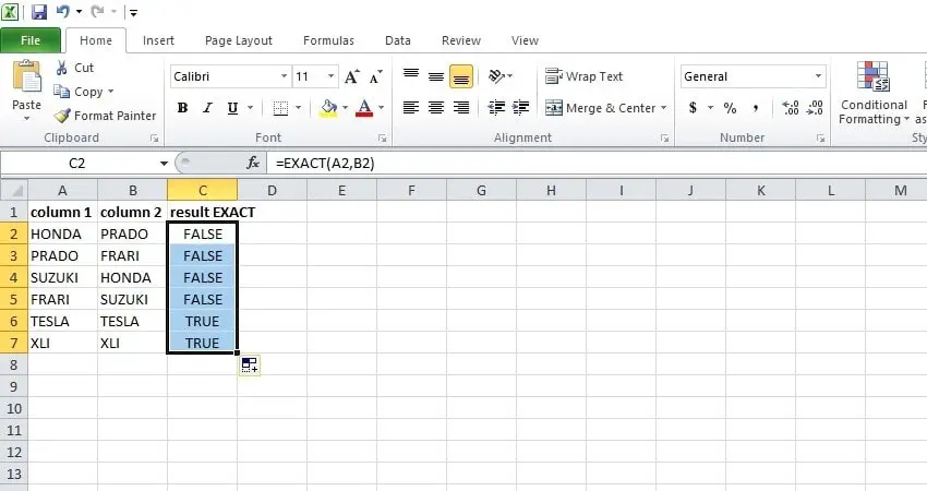 comparing columns using the exact formula in excel 2