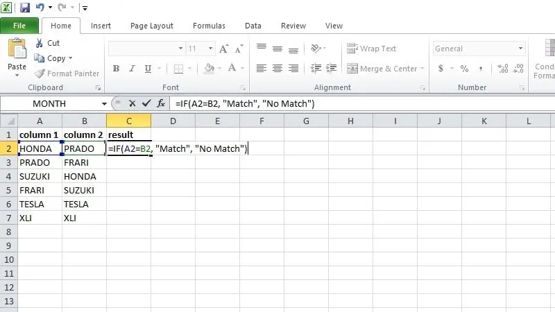 comparing columns using the if formula in excel 1
