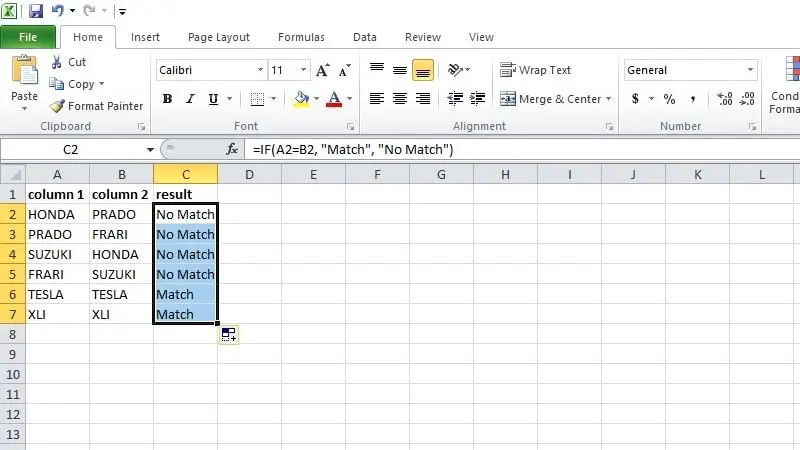 comparing columns using the if formula in excel 2