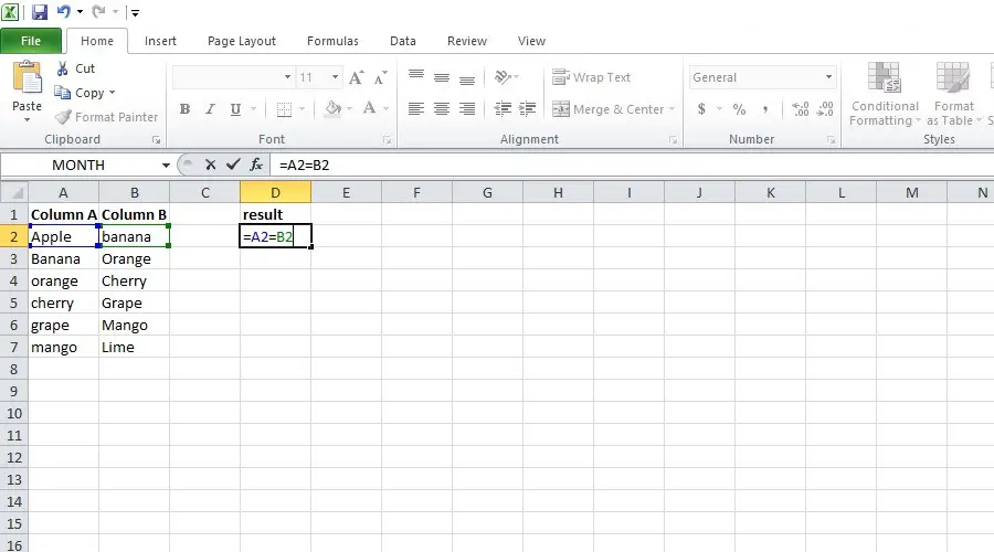 comparing columns using the exact formula in excel 1