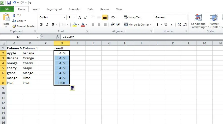 how to compare columns in excel using equals operator