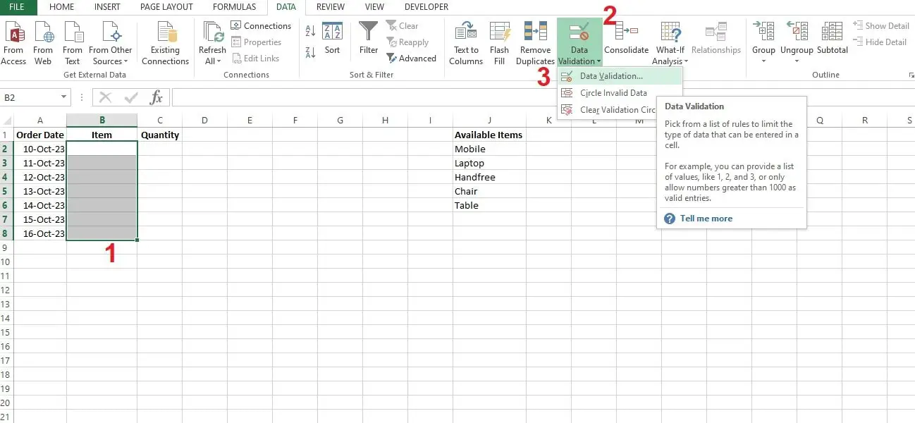 data validation option in excel