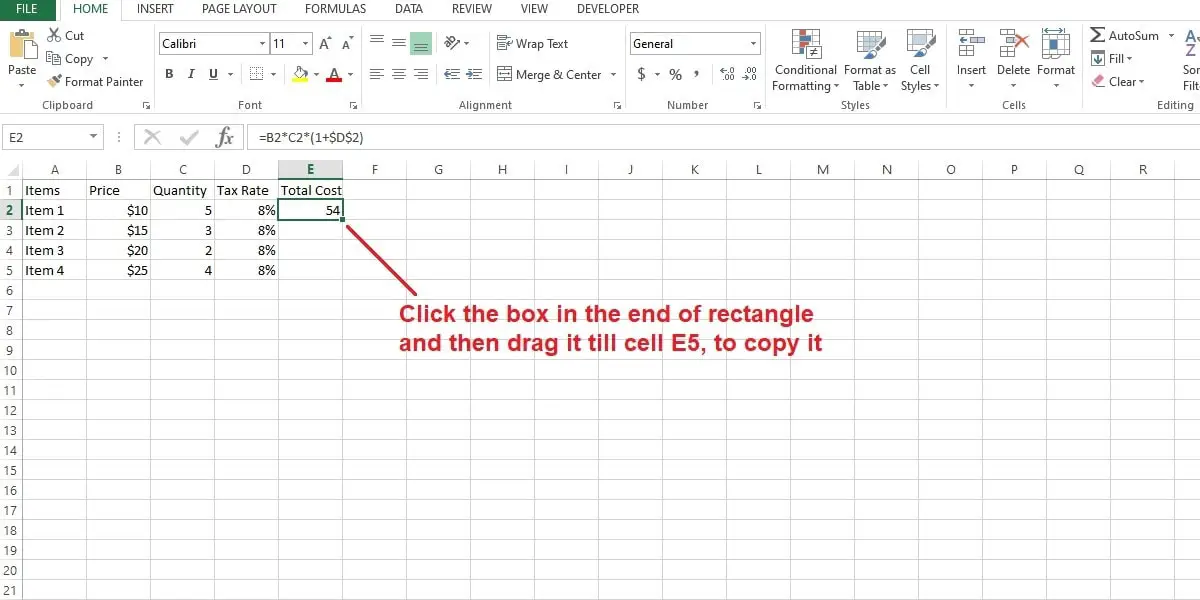 drag to formula to copy absolute reference to cells below