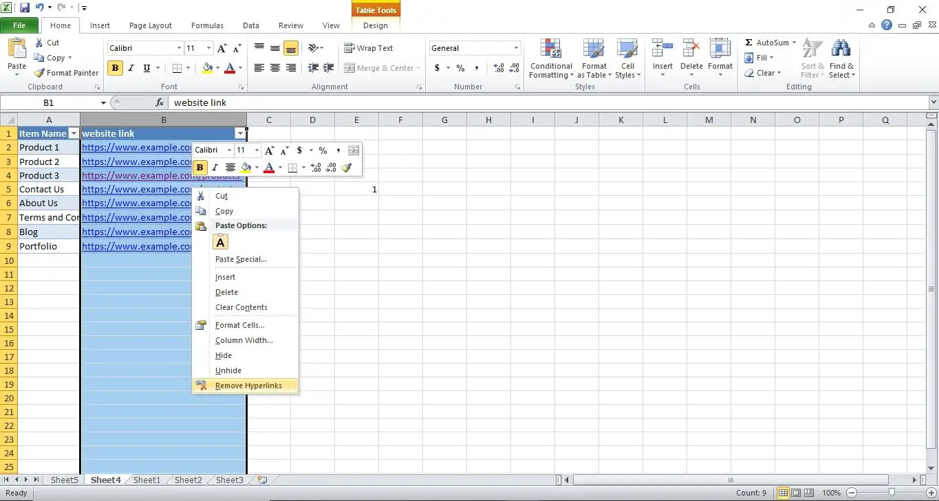 how to delete all hyperlinks in excel by selecting remove hyperlink
