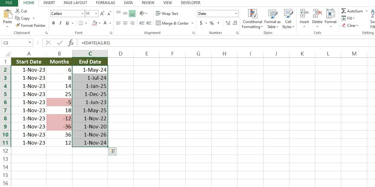 how to subtract months to date in excel