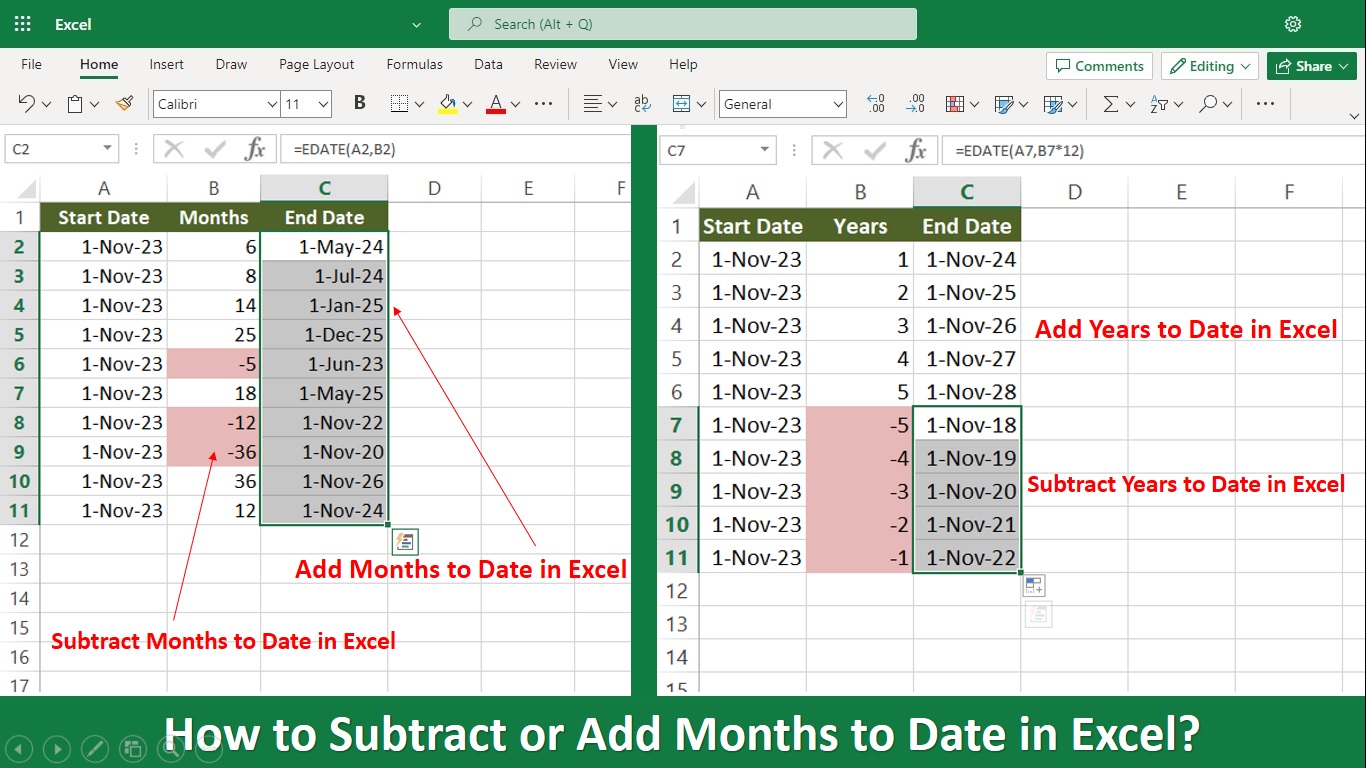 subtract or add months to date in excel