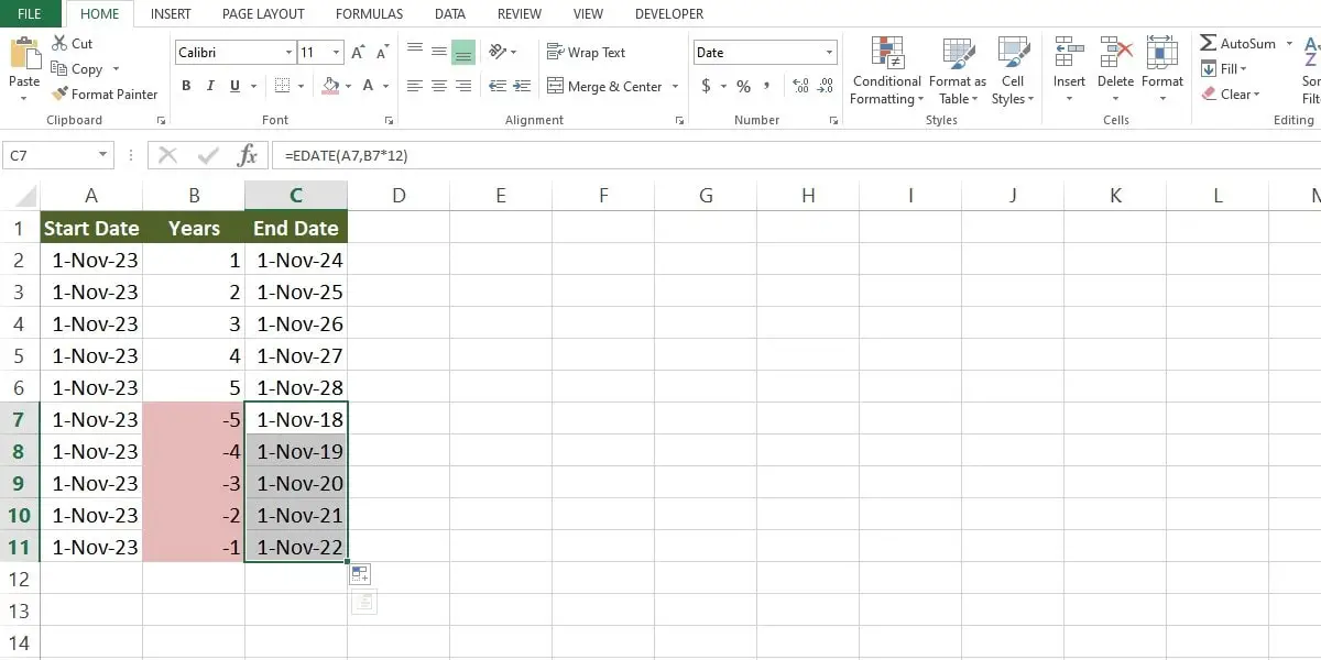 how to subtract years to date in excel