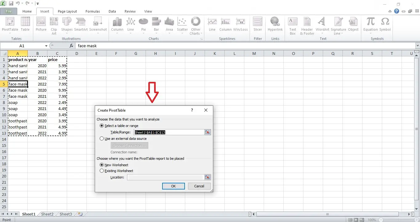 select data range for slicer using Pivot table in Excel