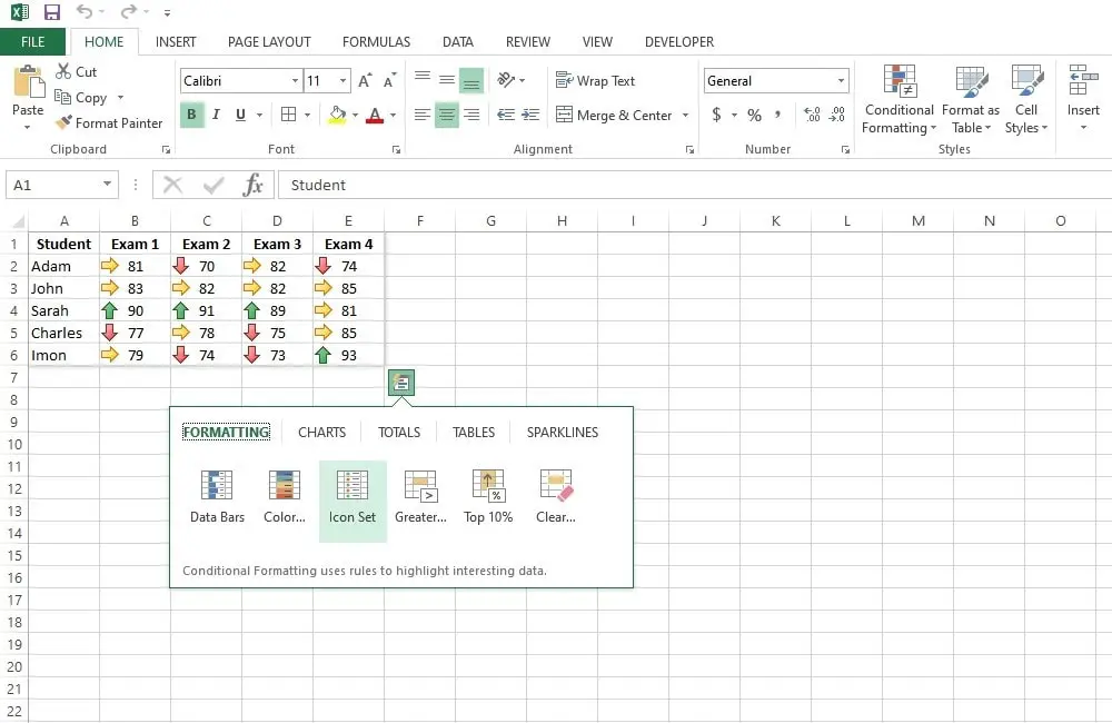 add icon using quick analysis tool in excel