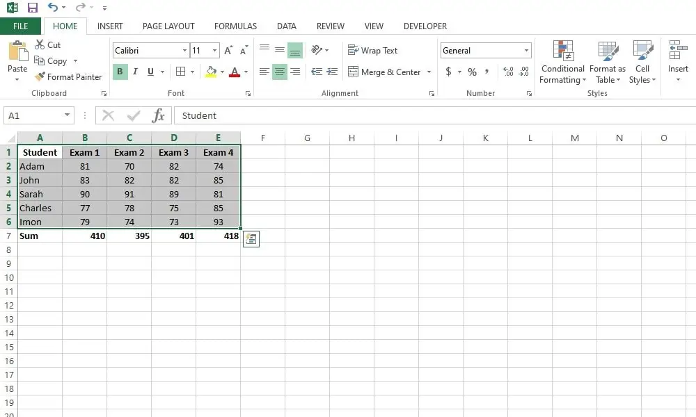 result for quick analysis tool in excel for totals