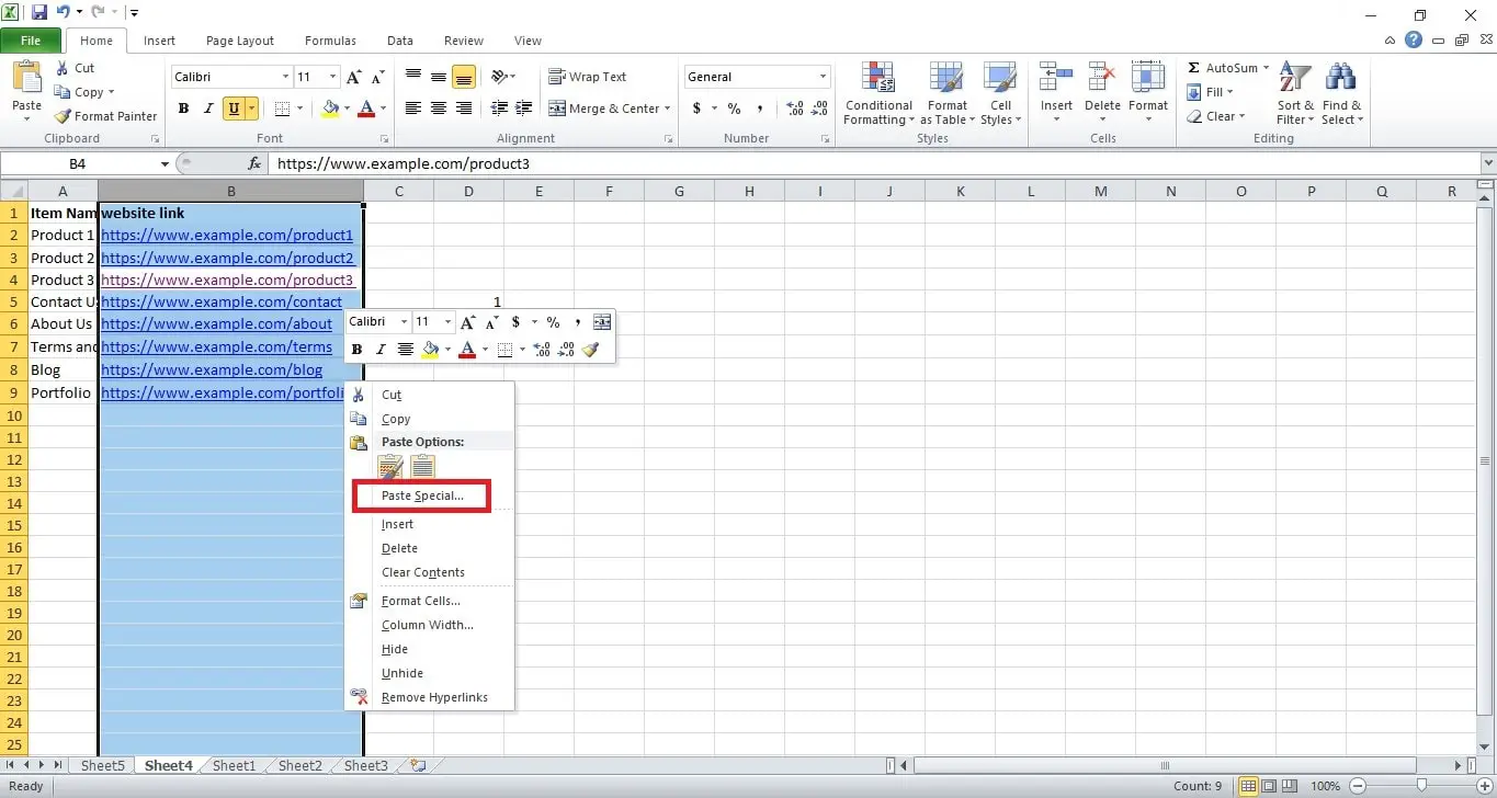 choose paste special to remove multiple hyperlink in excel