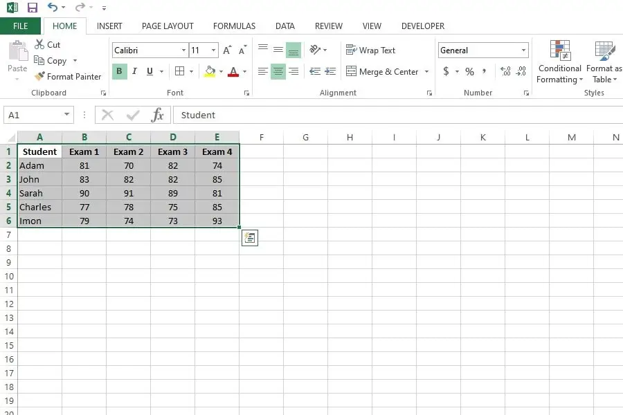 select cells to show quick analysis button in Excel