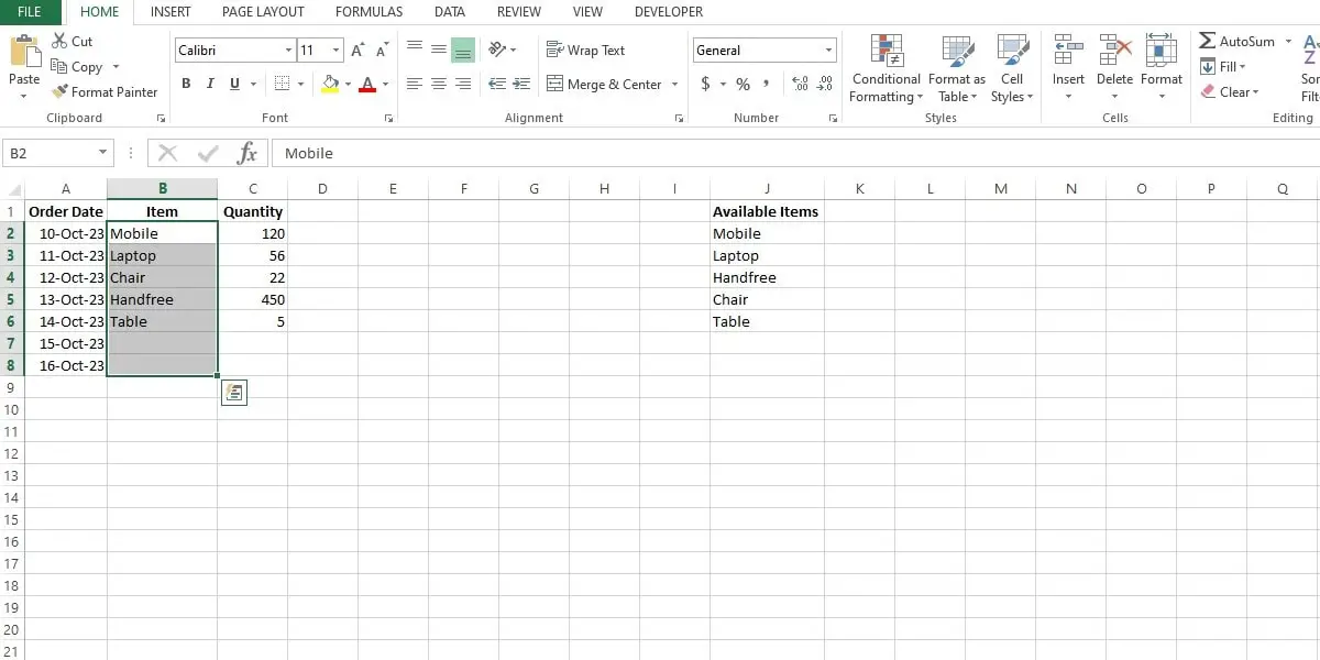 selected cells with data validation rules applied