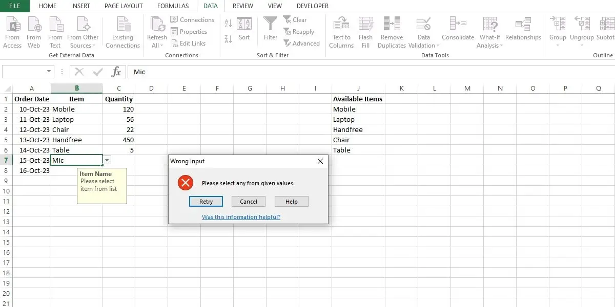 show error message on wrong input in excel