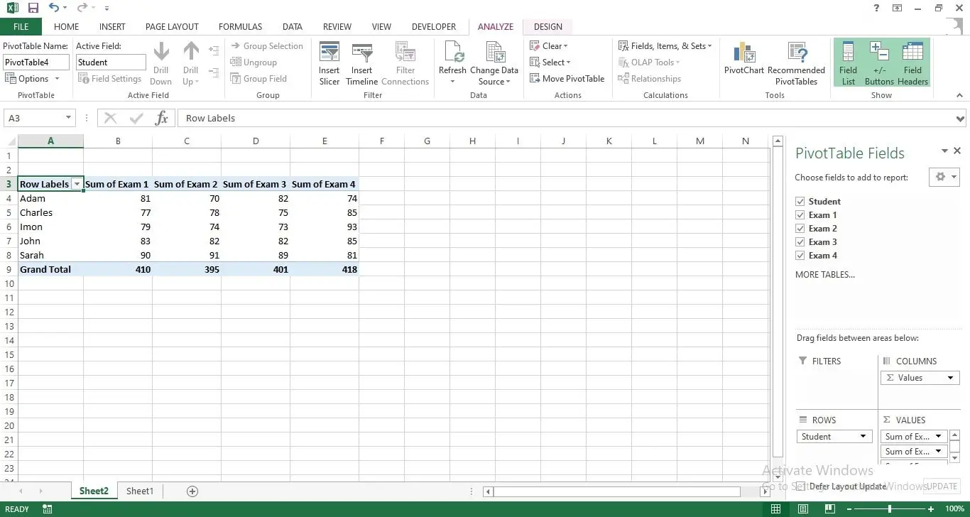 click tables to get table using quick analysis tool in excel