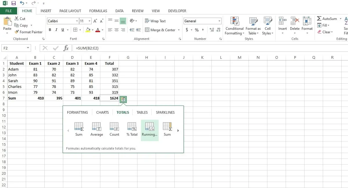 final totals using quick analysis tool in excel