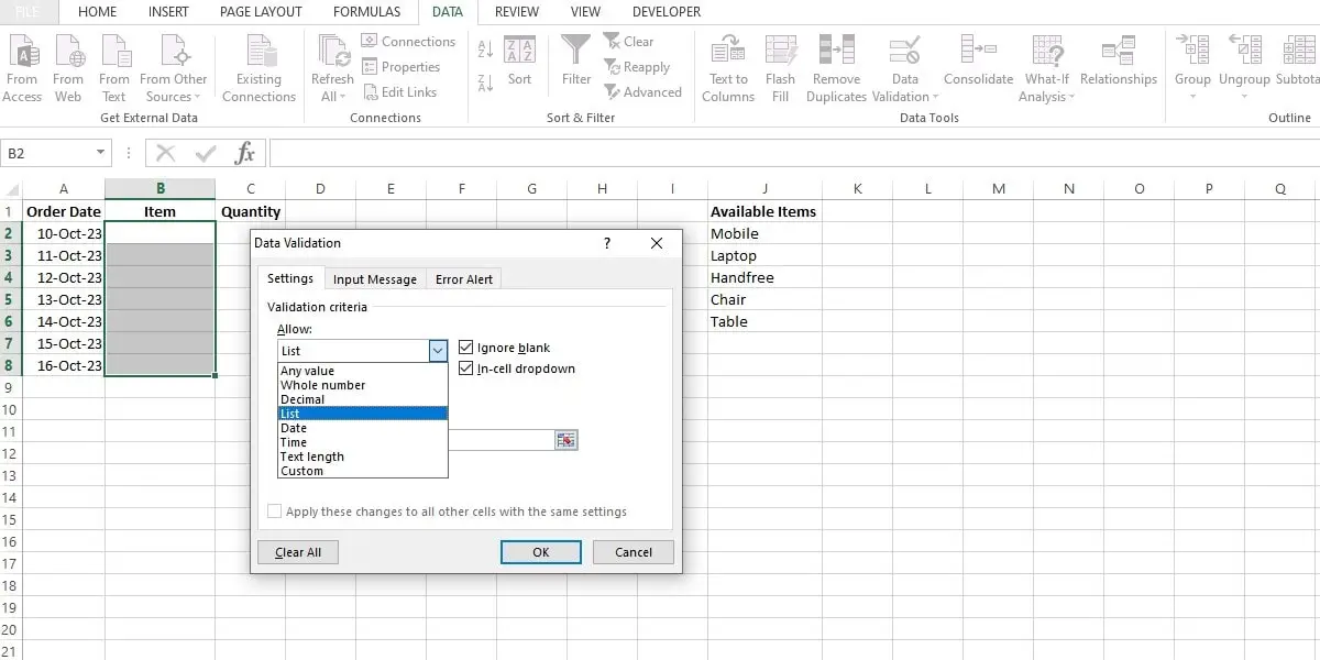 types of data validation options in excel