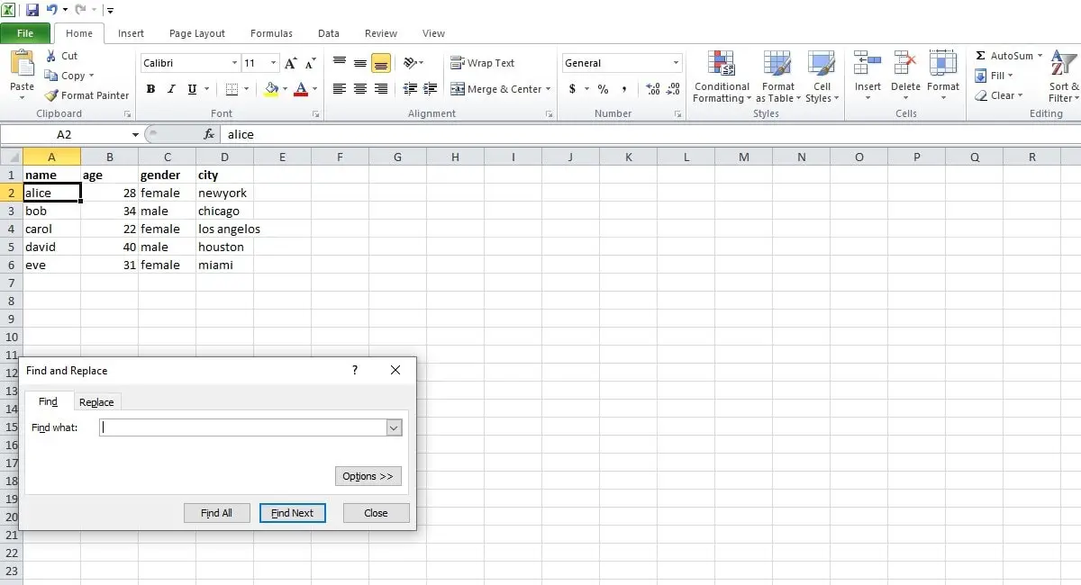 use excel search function box
