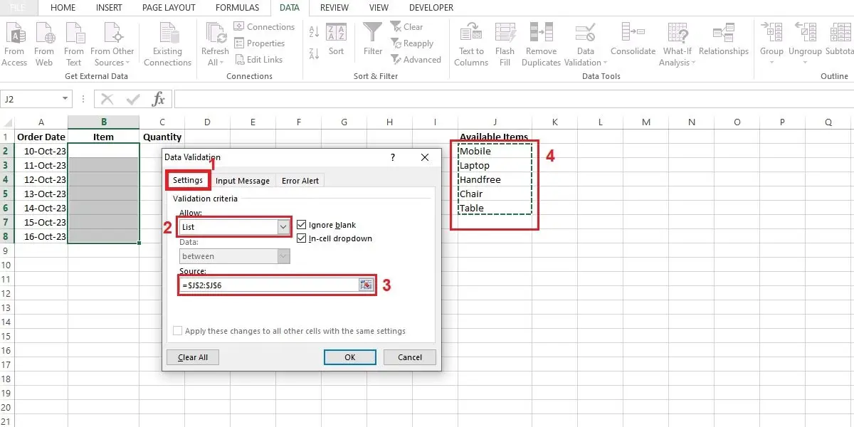 use list option for data validation in excel
