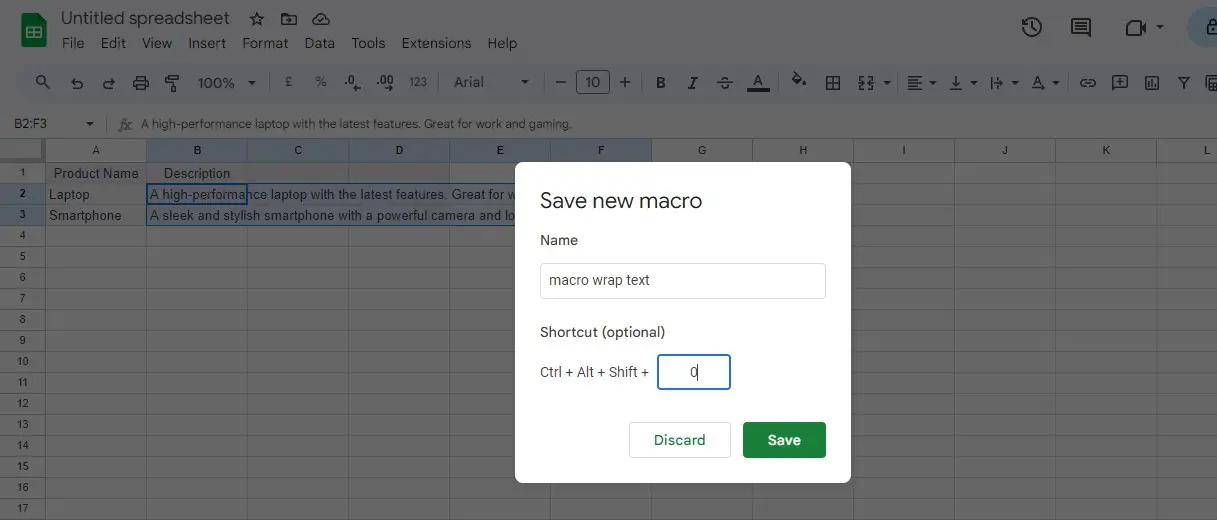 how to wrap text using macros 3 in google sheets