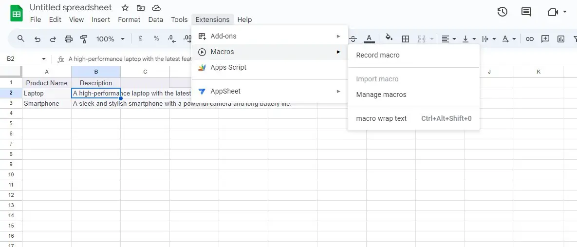 how to wrap text using macros 4 in google sheets