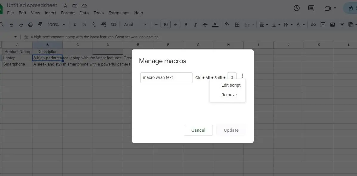 how to wrap text using macros 5 in google sheets