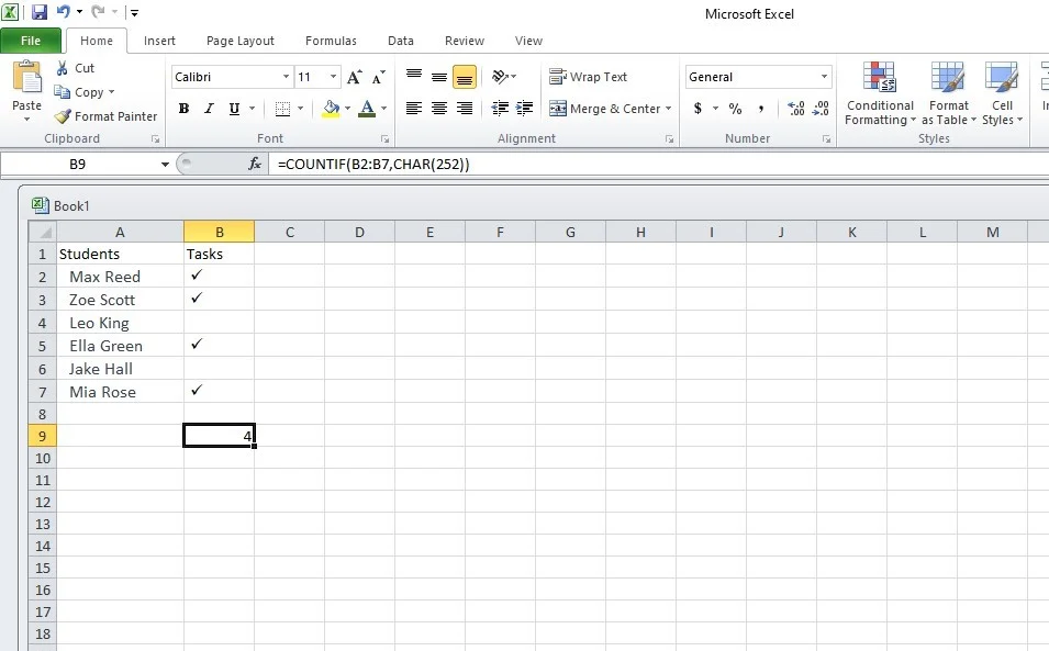 how to count check symbol in excel 2