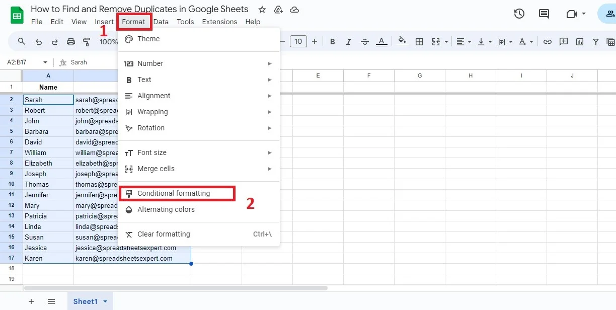 choose conditional formating to find duplicates in google sheets