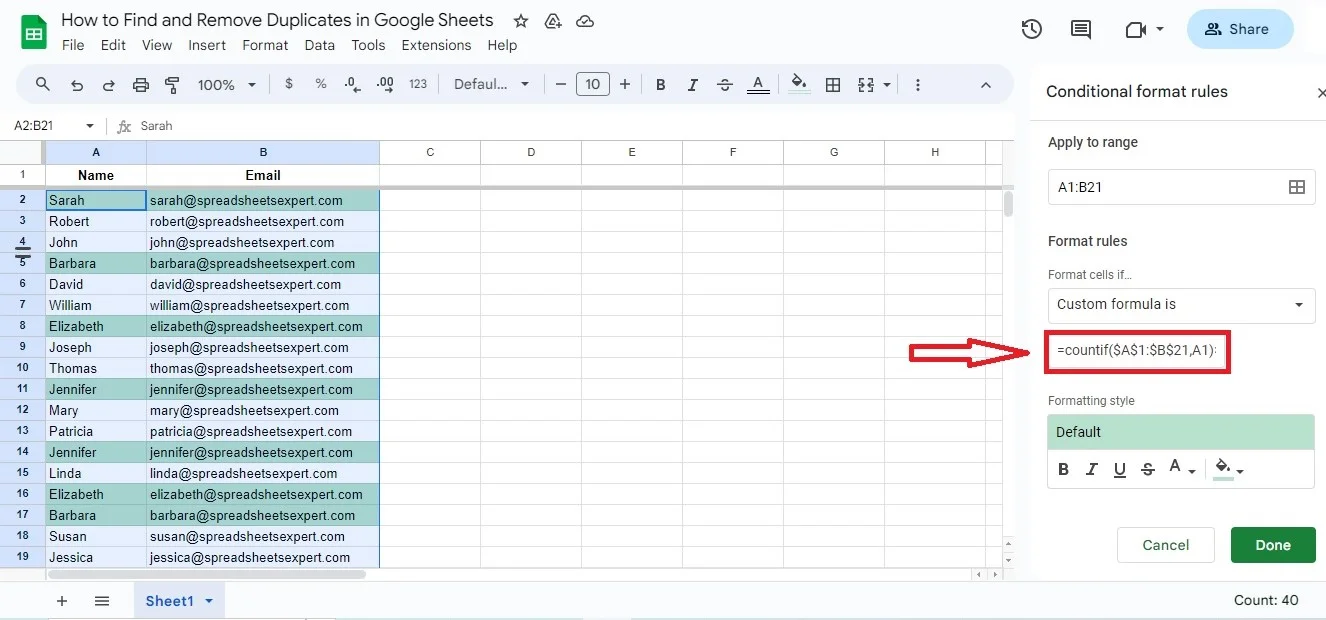 use custom formula to find duplicates in google sheets