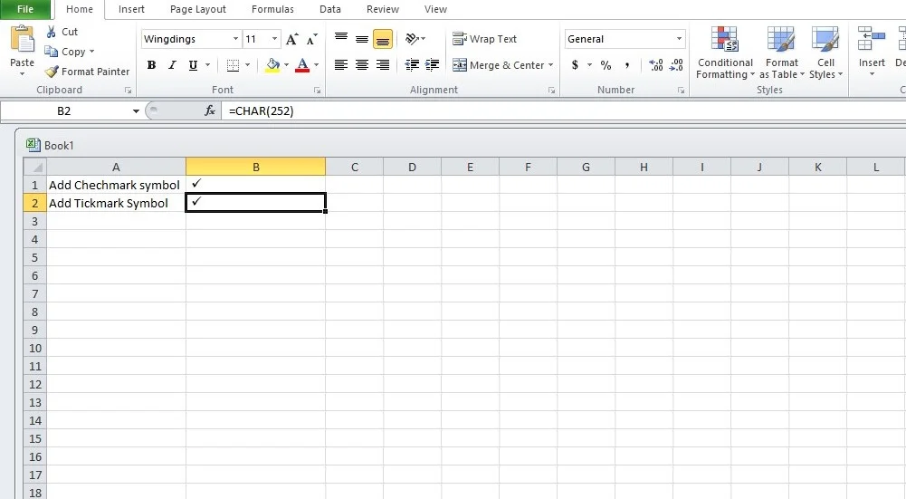 how to insert checkmark in excel using formulas