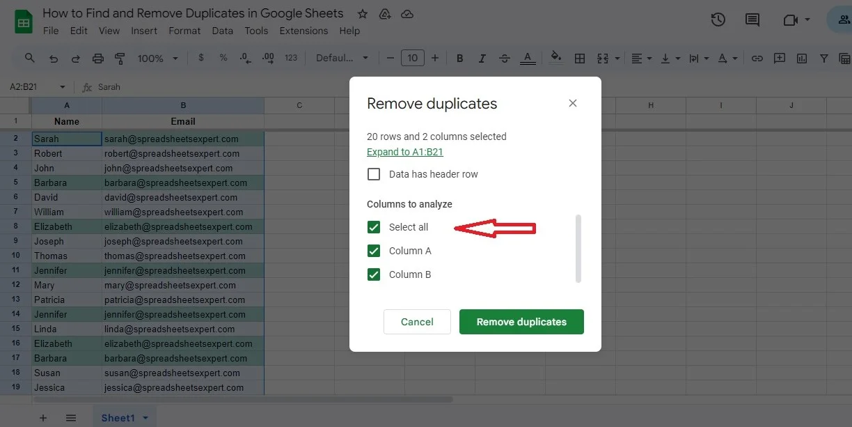select all to remove duplicates in google sheets